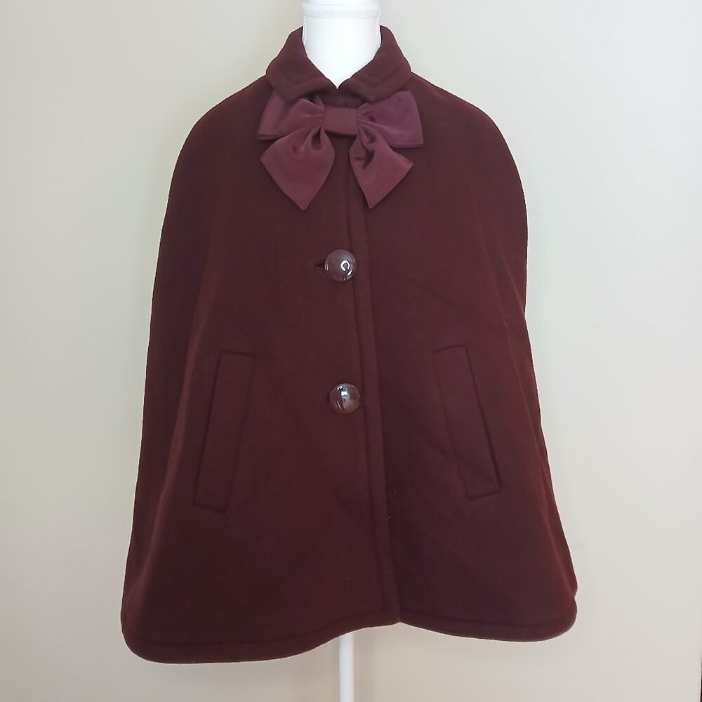Kate Spade Chic Wool Blend Bow Cape Burgundy Size Small
